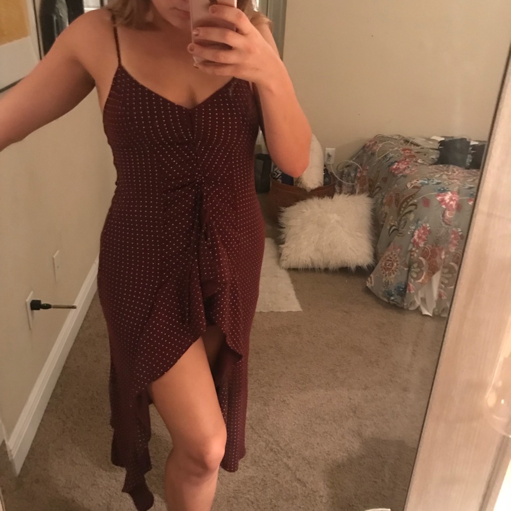 Burgendy/copperish high lonpolka dot dress